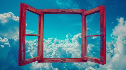   A blue sky dotted with clouds, an open window at its heart