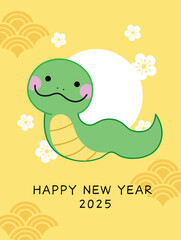 Chinese new year of the snake cute cartoon drawing. Happy lunar new year 2025 greeting card with cartoon zodiac snake.