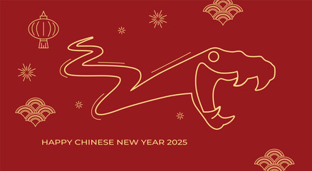 Chinese year of the snake 2025 line art card. Line drawing zodiac snake with oriental decorative elements background.