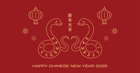 Chinese new year 2025 line art with zodiac snake couple on chinese lanterns background. Twins snakes line drawing  for chinese new year of the snake celebration.