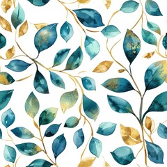 Watercolor leaves seamless pattern in Green and Gold tones On white background .
