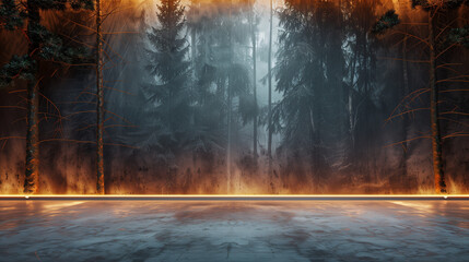 Mystical forest landscape with illuminated ground line and dense fog. Empty copy space.  Generative AI