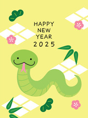 New year 2025 cute snake with pine, bamboo and plum blossom, three friends of winter plants pattern. Chinese new year of the snake cute cartoon card.