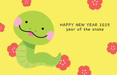 Year of the snake 2025 cute snake with plum pattern. Happy chinese new year 2025 greeting card with flowers background.