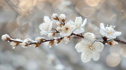 Naklejka premium A branch with water droplets, closely framed; trees in the background softly blurred