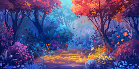 Fantasy Mysterious Tropical Forest Landscape Background Panorama Concept Drawing image HD Print Neo Game Art V11 20