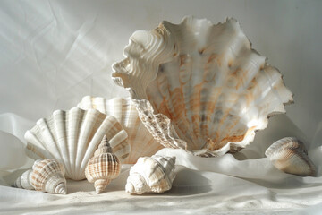 Obraz premium A minimalist still life featuring an arrangement of seashells, with their intricate patterns and varied shapes