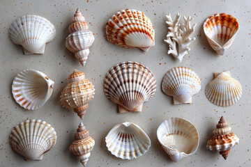 A minimalist still life featuring an arrangement of seashells, with their intricate patterns and varied shapes