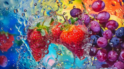 fruits background with strawberries and grapes and apple swimming in the water abstract fruits background ultra hd 
 - Powered by Adobe