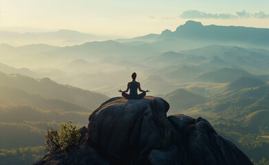 Powerful image of a person practicing yoga on a mountain peak, with a panoramic view of the surrounding landscape under a clear sky. 