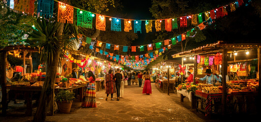 A busy market with colorful banners and people walking around