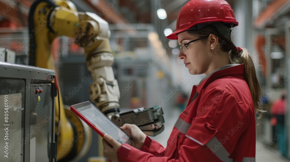 Wall mural a female engineer in a red hard hat programming an industrial robot arm via a tablet
