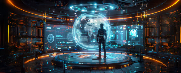 A man stands in front of a large screen that displays a globe