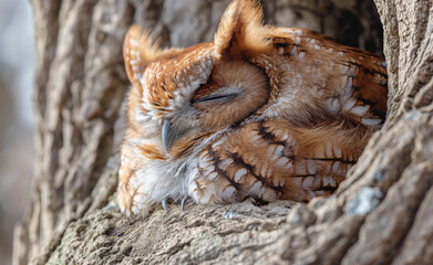 Peaceful Young Owl Asleep in Nature: Close-Up