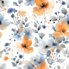 seamless pattern watercolor  blue and orange flowers on white background.
