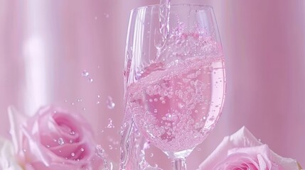   A wine glass with water on the rim, surrounded by pink roses against a pink background ..Or, for a more descriptive version:..