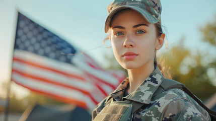 A young woman in military uniform stands tall and proud, showing an unwavering attitude of patriotism, against the backdrop of a majestically fluttering American flag.Ai generated Images