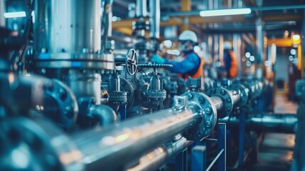 Workers in safety gear performing maintenance on robust steel valves in a sprawling chemical plant