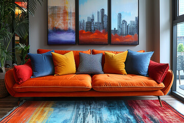 A stylish living room with a trendy sofa chair, highlighted by vibrant pops of color and eclectic decor elements.