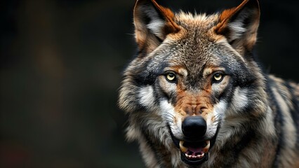 Obraz premium Fierce wolf staring at the camera with open mouth on isolated background. Concept Wildlife Photography, Predator Portrait, Animal Close-Up, Intense Expression, Nature in Focus