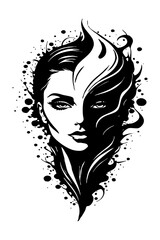 Fictional female character. Black and white pattern. For use on tattoos, posters, textiles and T-shirt prints. Generated by Ai