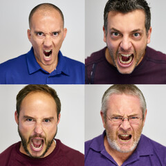 Collage, frustrated and portrait of shouting men with expression for stress, angry and furious on...