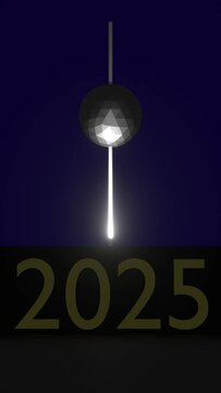 3D render of 2025 ball drop with 2025 illuminated and shining on a reflective surface. Dark blue background. Vertical Orientation, Cell phone.	