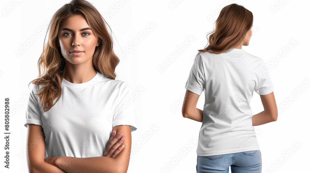 Wall mural A beautiful woman wearing a white t-shirt on the front and back, Ai generated Images