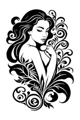 Fictional female character. Black and white pattern. For use on tattoos, posters, textiles and T-shirt prints. Generated by Ai