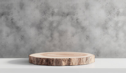 A wooden log is placed on a table in front of a wall. The log is empty and has a natural, rustic feel to it. The table is white and the wall is made of concrete