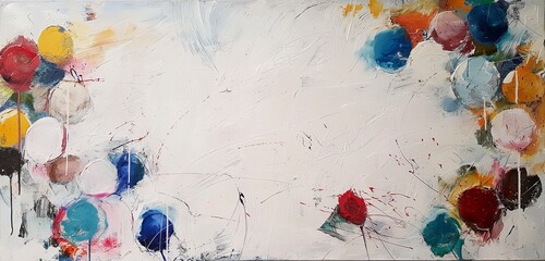 White canvas, balloons border, central void, abstract serenity.