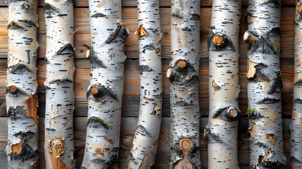 Detailed Close-Up of Birch Tree Trunks with Textured White Bark and Black Stripes for Natural Backgrounds and Nature Themes