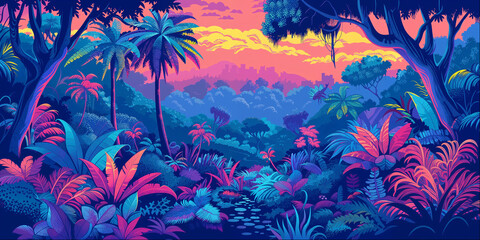 Fantasy Mysterious Tropical Forest Landscape Background Panorama Concept Drawing image HD Print Neo Game Art V11 1