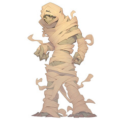 An illustration of a frightening mummy standing with white bandages