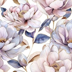 watercolor floral pattern in pastel colors, peonies and magnolia flowers on white background.	