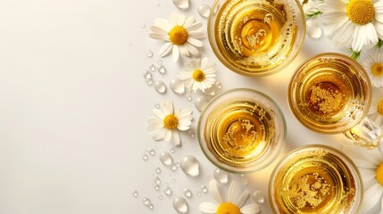   Three glasses of tea, each surrounded by daisies, sit on a pristine white surface Water droplets decorate the glass rims