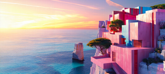 A beautiful pink and blue building sits on a cliff overlooking the ocean