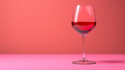   A tight shot of a red wine glass on a table, foreground, against a pink wall backdrop