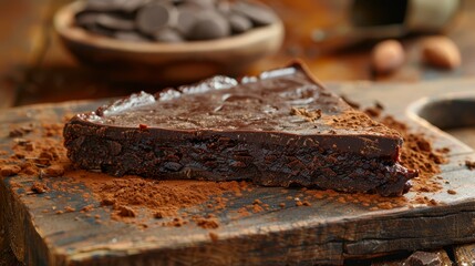   A tight shot of a chocolate cake slice on a cutting board, surrounded by a nearby bowl of nuts