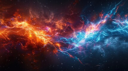 The image shows a colorful and vibrant nebula in space, with bright red, orange, blue, and purple hues.