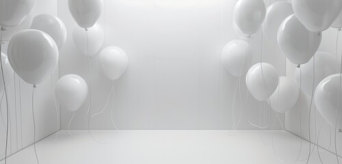 Bright white canvas, balloons encircle, central emptiness, tranquil elegance.
