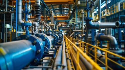 Wide-angle view of a modern factory where steel pipelines and valves are integrated into automated production lines