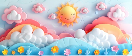 The image shows a cute cartoon landscape with a smiling sun, fluffy clouds, and colorful flowers
