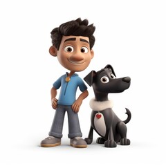 Obraz premium Happy Cartoon Boy Standing With His Loyal Dog On White Background