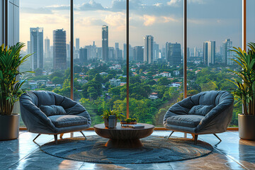 A stylish modern sofa chair set against panoramic city views.