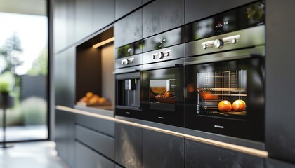 detailed digital rendering in photorealistic style depicting a modern kitchen with sleek energy-efficient appliances viewed from the rear Highlight the subtle reflections and intricate design
