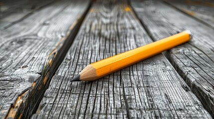   A pencil atop a wooden table, beside writing paper