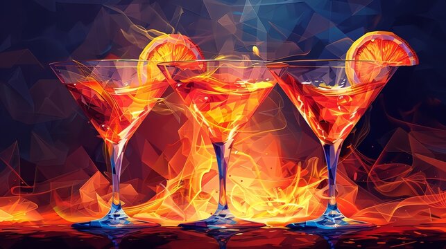 modern, abstract interpretation of wide-angle flaming cocktails using pixel art technique, incorporating a unique color palette and geometric shapes to convey a sense of fiery allure