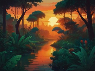 Vibrant Amazon Forest at Sunset: Creative Graphic Art Exploration