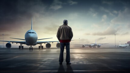 A man observes a plane take off from an airport